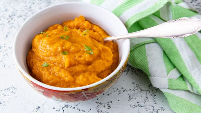 Hubbard squash puree in small bowl.