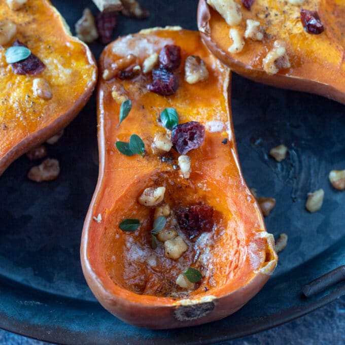Roasted honeynut squash with garnishes,