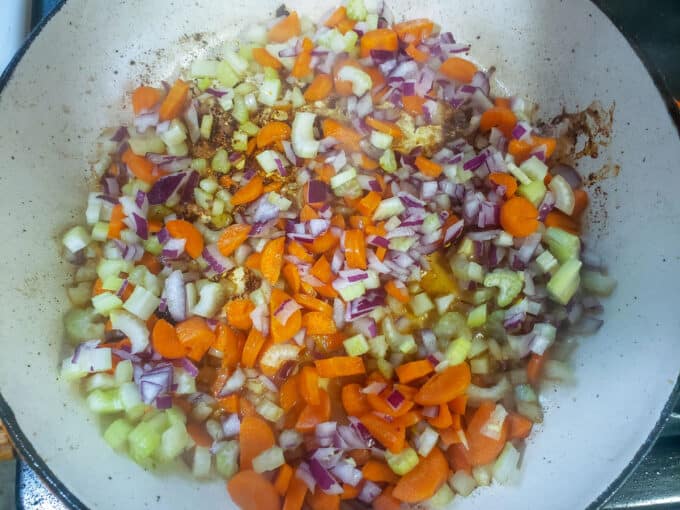 Mirepoix in Dutch oven.