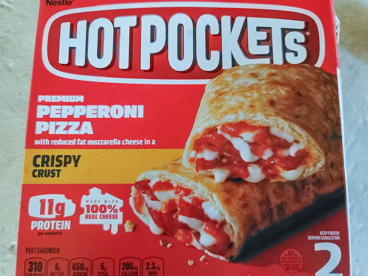 Box of frozen pizza hot pockets.