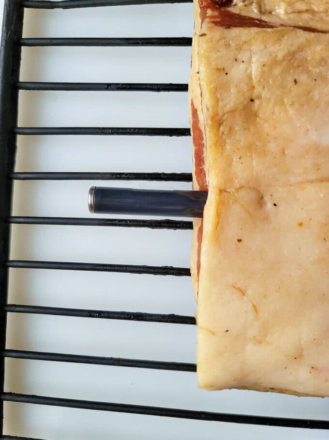 Temperature probe placed in meat.