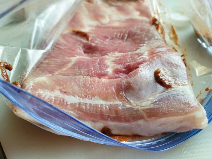 Pork added to gallon storage bag.