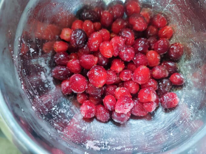 Sugared cranberries in bowl.