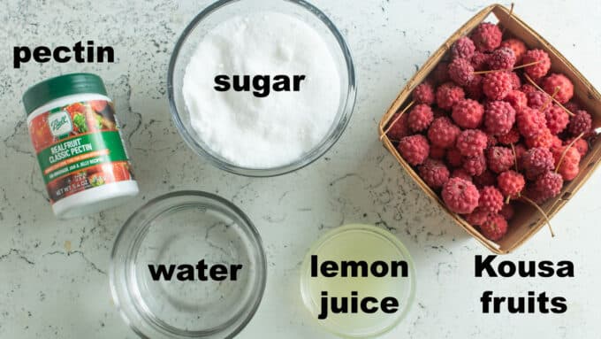 Ingredients for kousa dogwood jelly. See details in recipe below.