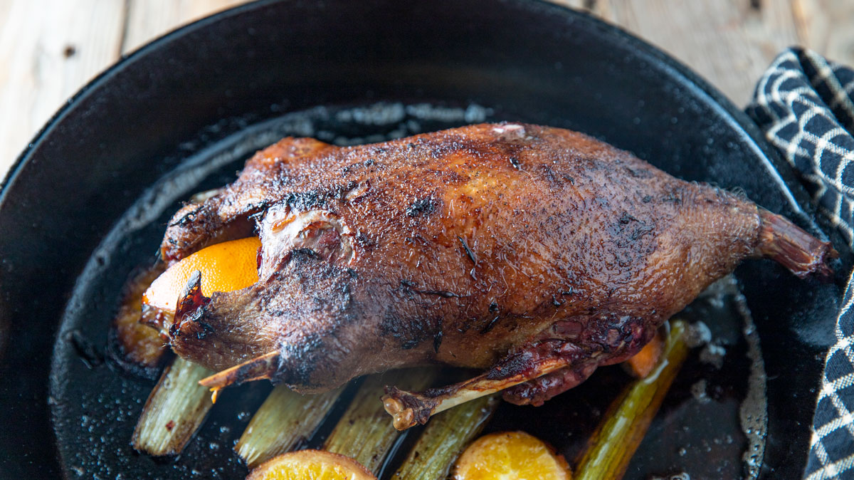 Whole roasted duck on a bed of celery and orange slices.