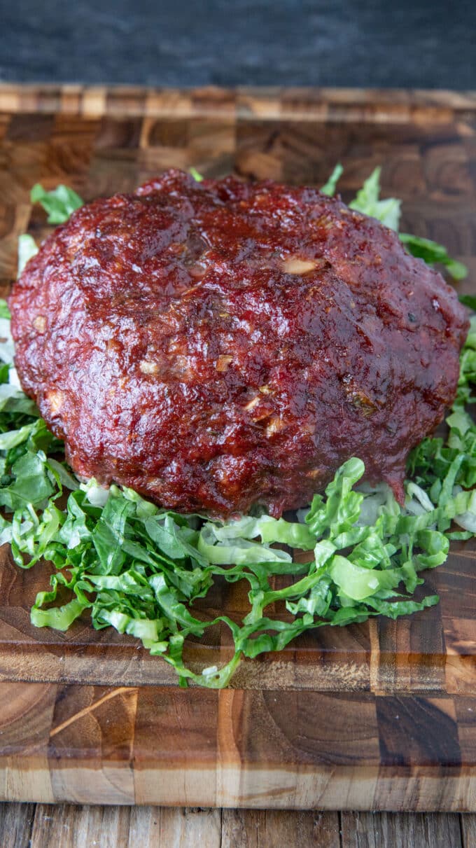 Whole, browned, smoked meatloaf.