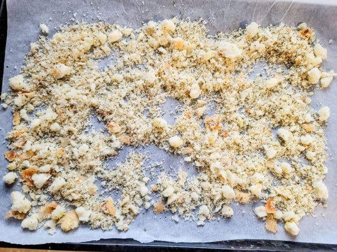 Crumbs laid out on a baking sheet.