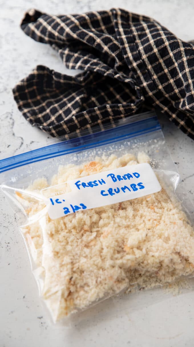 Fresh bread crumbs in a freezer bag.