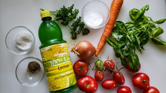 Ingredients for canning tomato soup. See details in recipe below.
