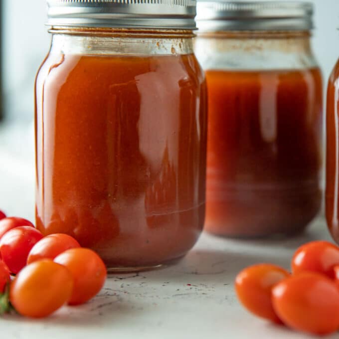 Jars of canned tomato soup.