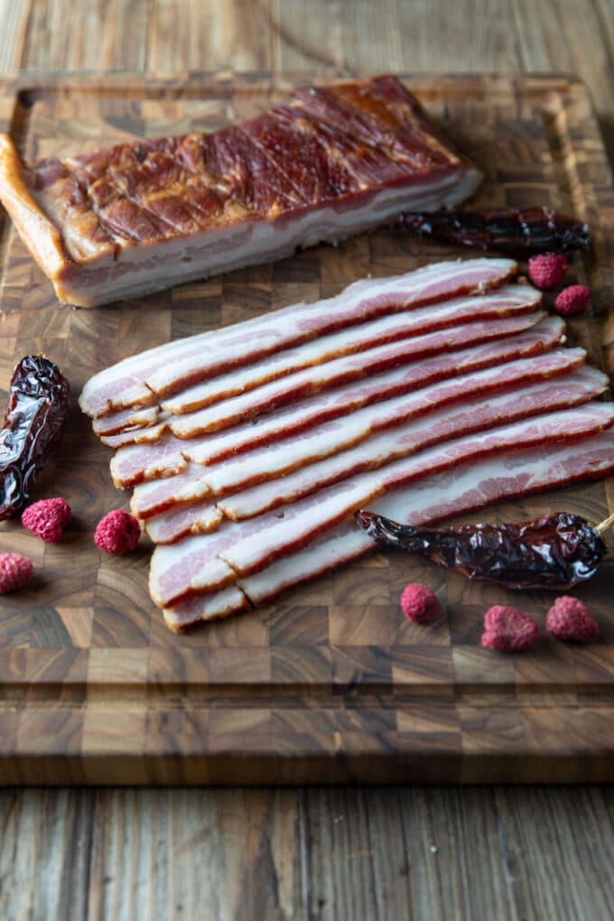 Bacon slices on board.