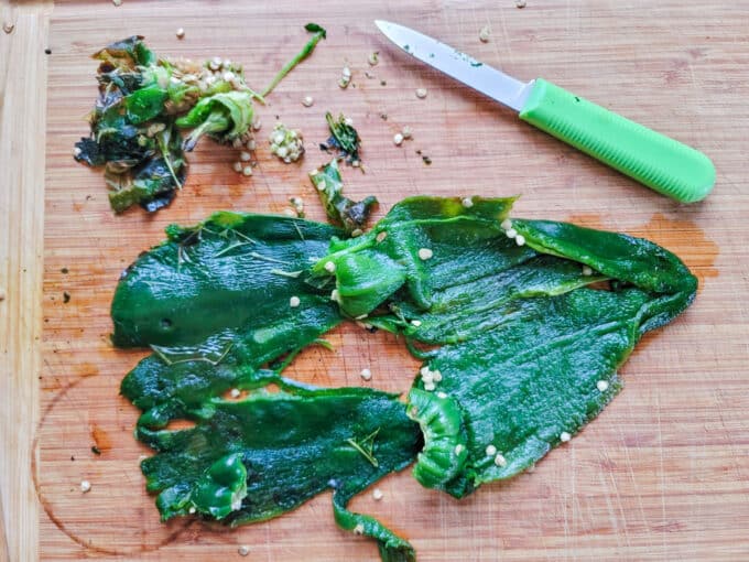 Parring knife and seeded pepper on board.