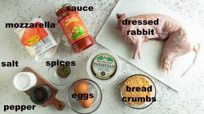 Ingredients needed to make rabbit parmesan. See details in recipe below. 