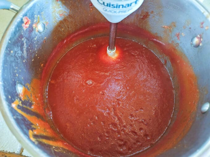 Immersion blender blending ketchup.