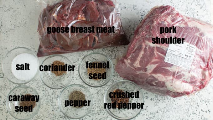 ingredients for goose sausage. See details in recipe below.