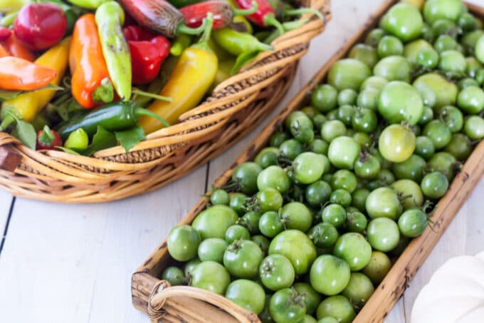 Basket of green cherry tomatoes.