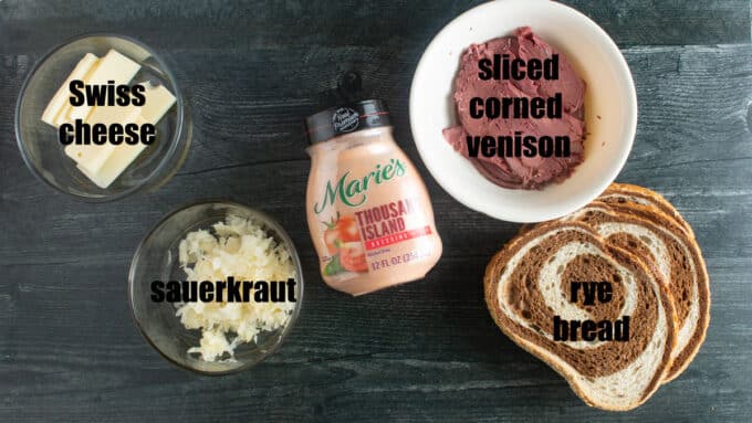 Ingredients for Reuben sandwich. See details in recipe below.