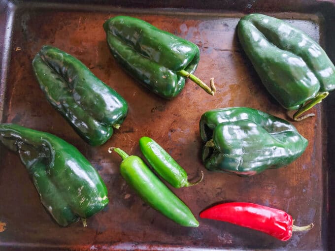 Peppers on a baking sheet.