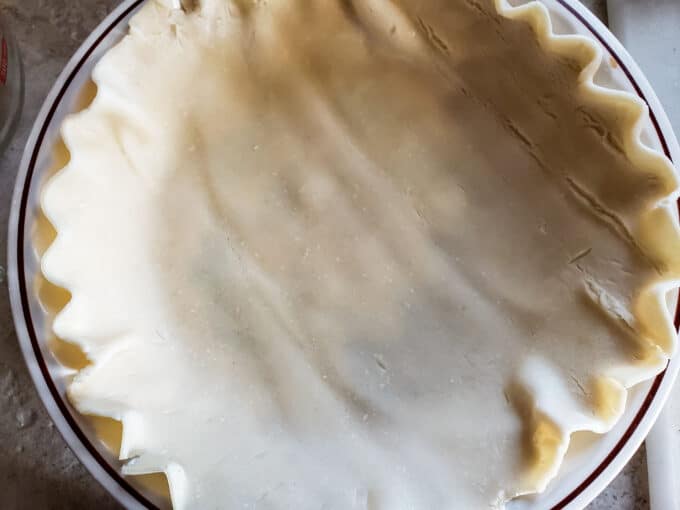 Pie crust crimped in a deep dish pie plate.
