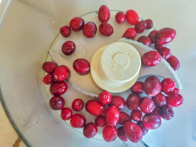 Cranberries in a food processor bowl.