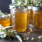 Jars of honeysuckle jelly on black board.