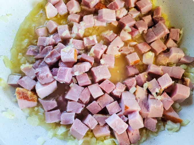 Ham added to skillet.