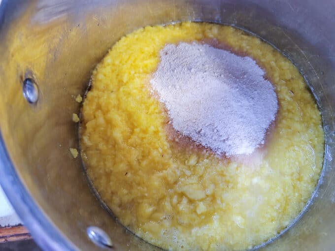 Pectin mixture added to the fruit in a large pt.