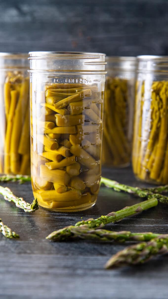 Asparagus pieces in a jar after canning.