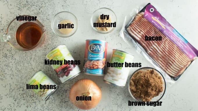 ingredients for smoked baked beans. See details in recipe below.