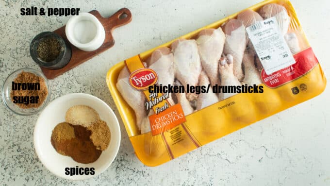 Ingredients for smoked chicken legs. See details in recipe below.