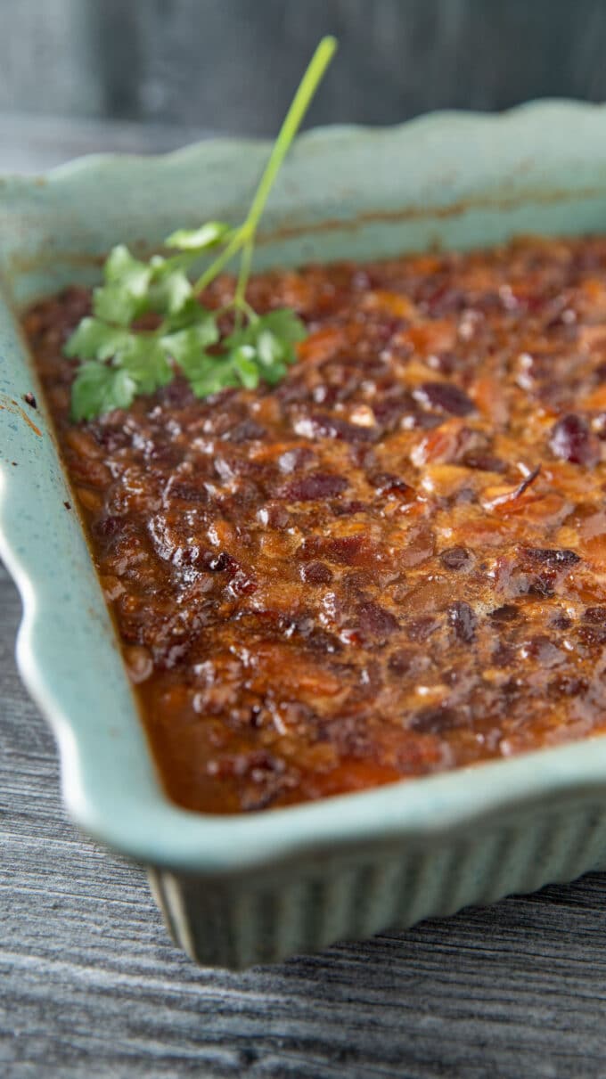 Casserole dish with smoked baked beans.