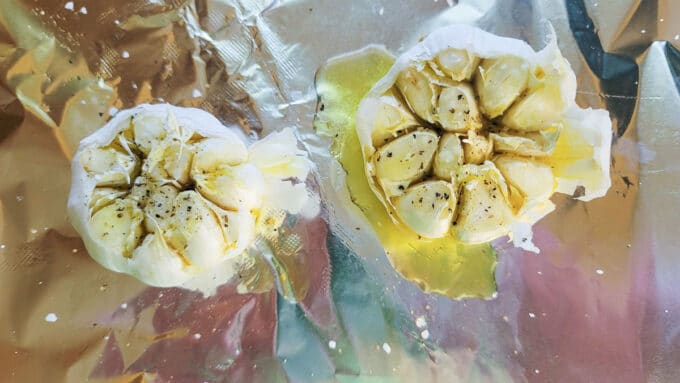Garlic bulb prepared for roasting.
