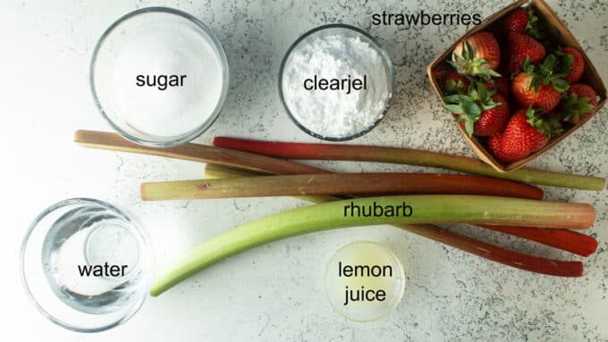 Ingredients for Strawberry Rhubarb Pie Filling. See details in recipe below.