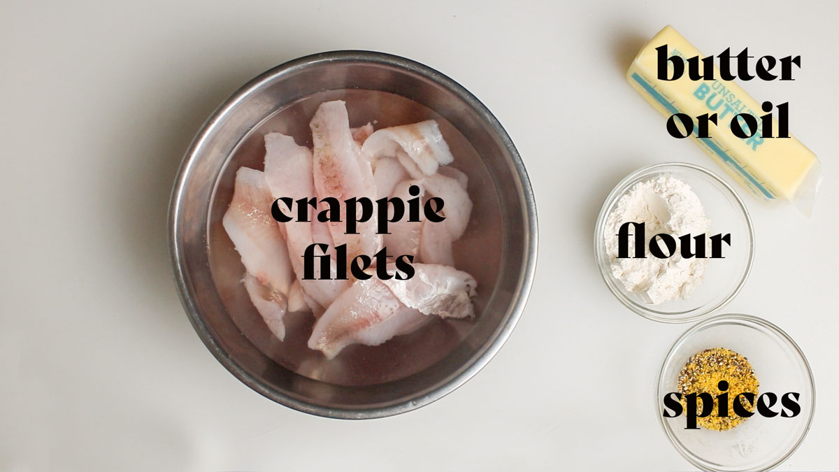 Ingredients for fried crappie. See details in recipe below.