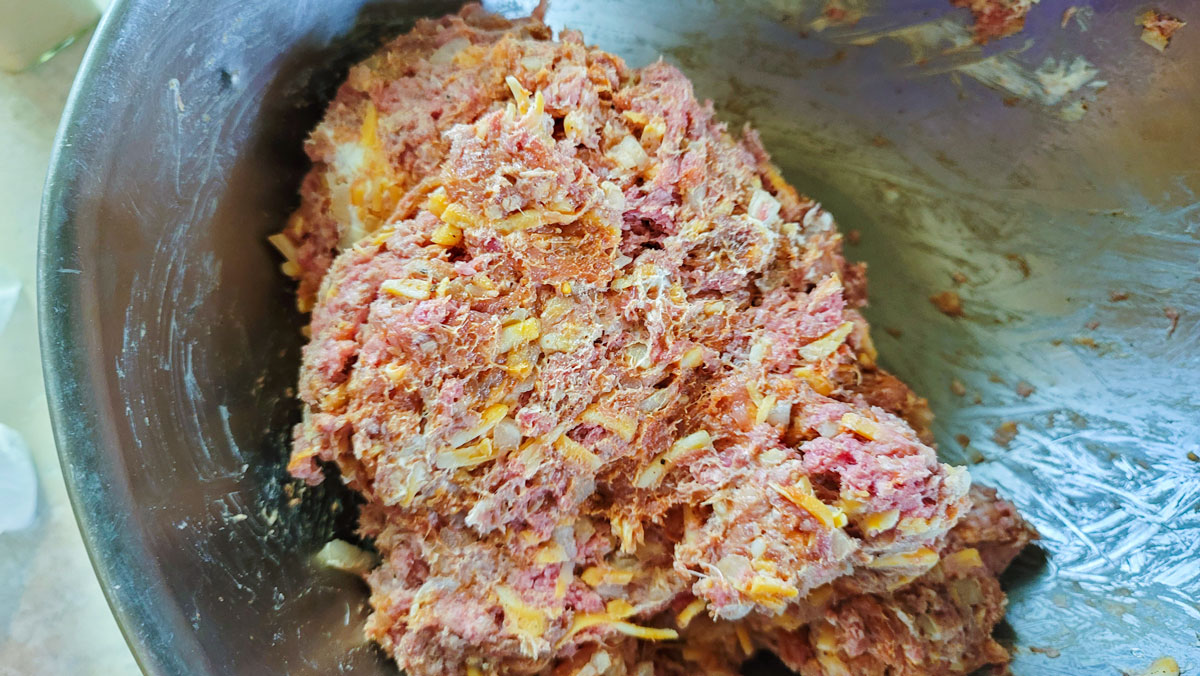 Ingredients in the bowl mixed up.