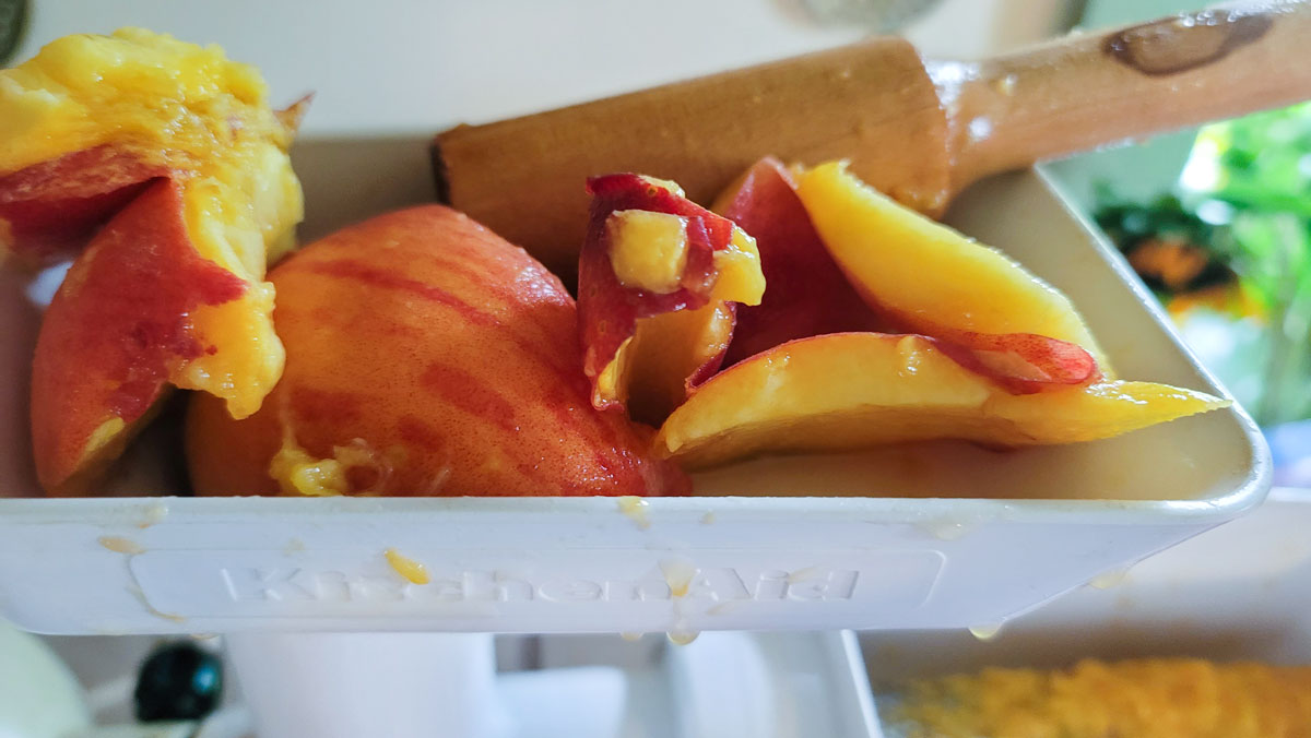Cut peaches in a juicer hopper.