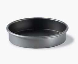 Nine inch non stick metal baking pan.