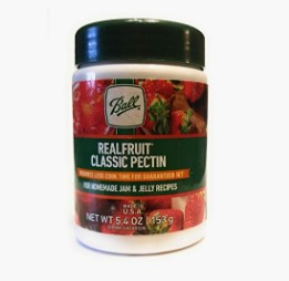 Jar of pectin on a white background.