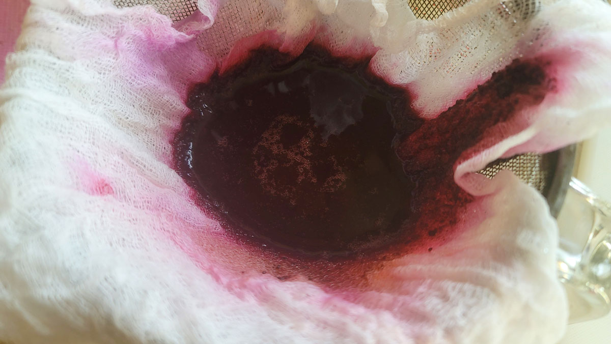 Grape juice being strained through cheesecloth.