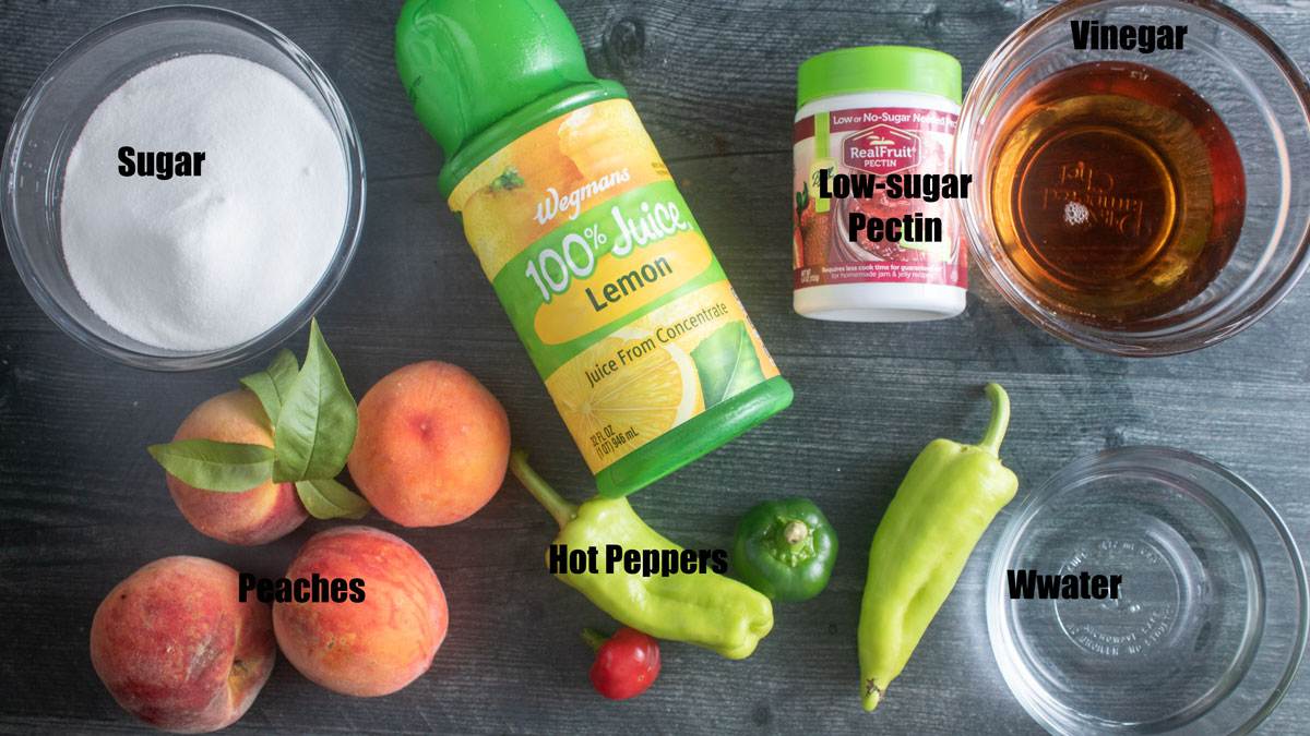Ingredients for pepper peach jam. See details in recipe below.