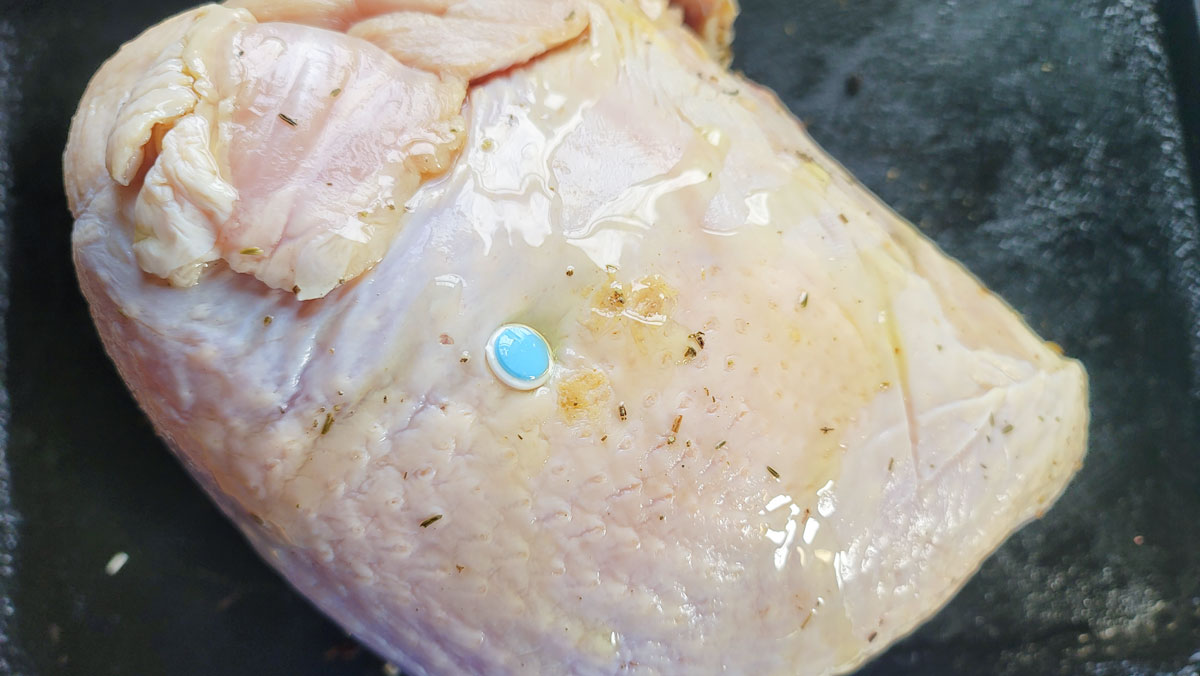 Outside of bird drizzled with oil.