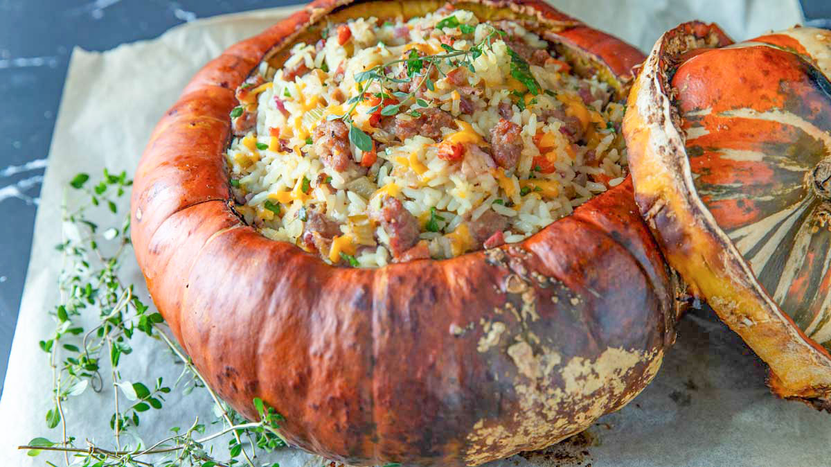 Stuffed turban squash with cap.