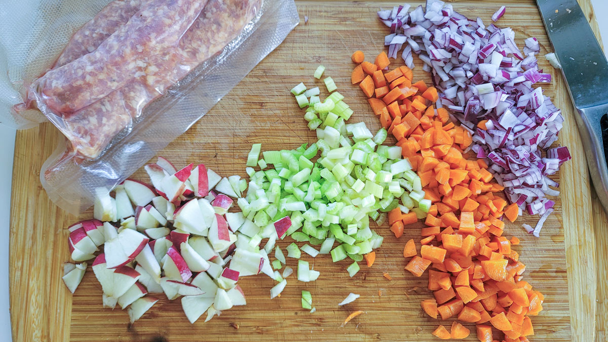 Diced vegetables on a cutting board.
