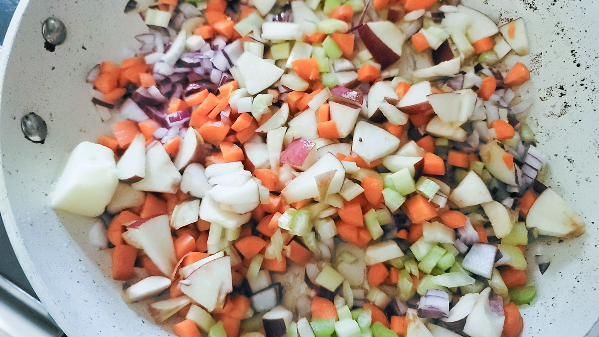 Vegetables added to the same skillet as the meat was browned in.