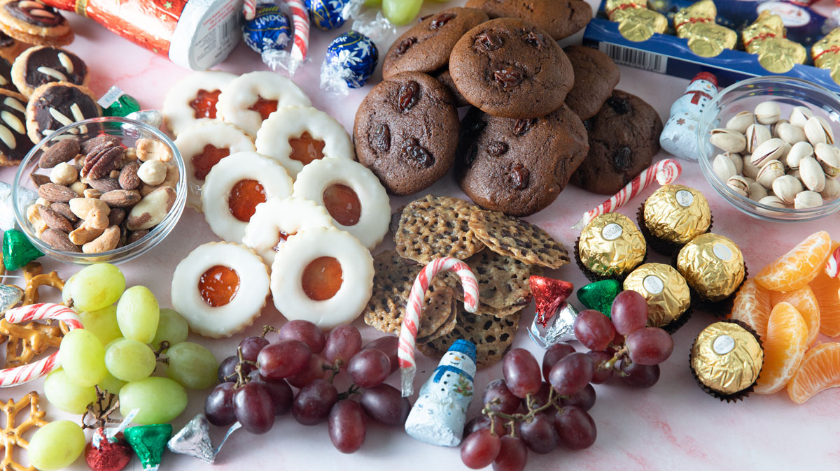 Close up of colorful holiday grazing board.