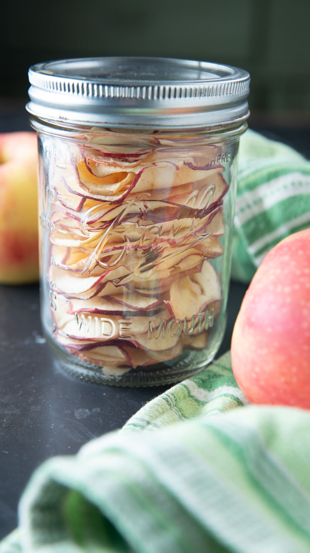 Mason jar packed with dried apples