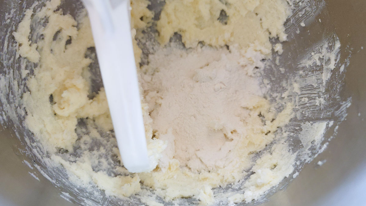 Flour added to the wet ingredients.