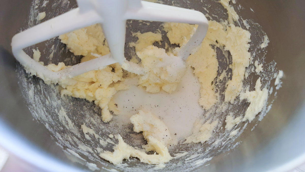 Sugar added to the creamed butter.