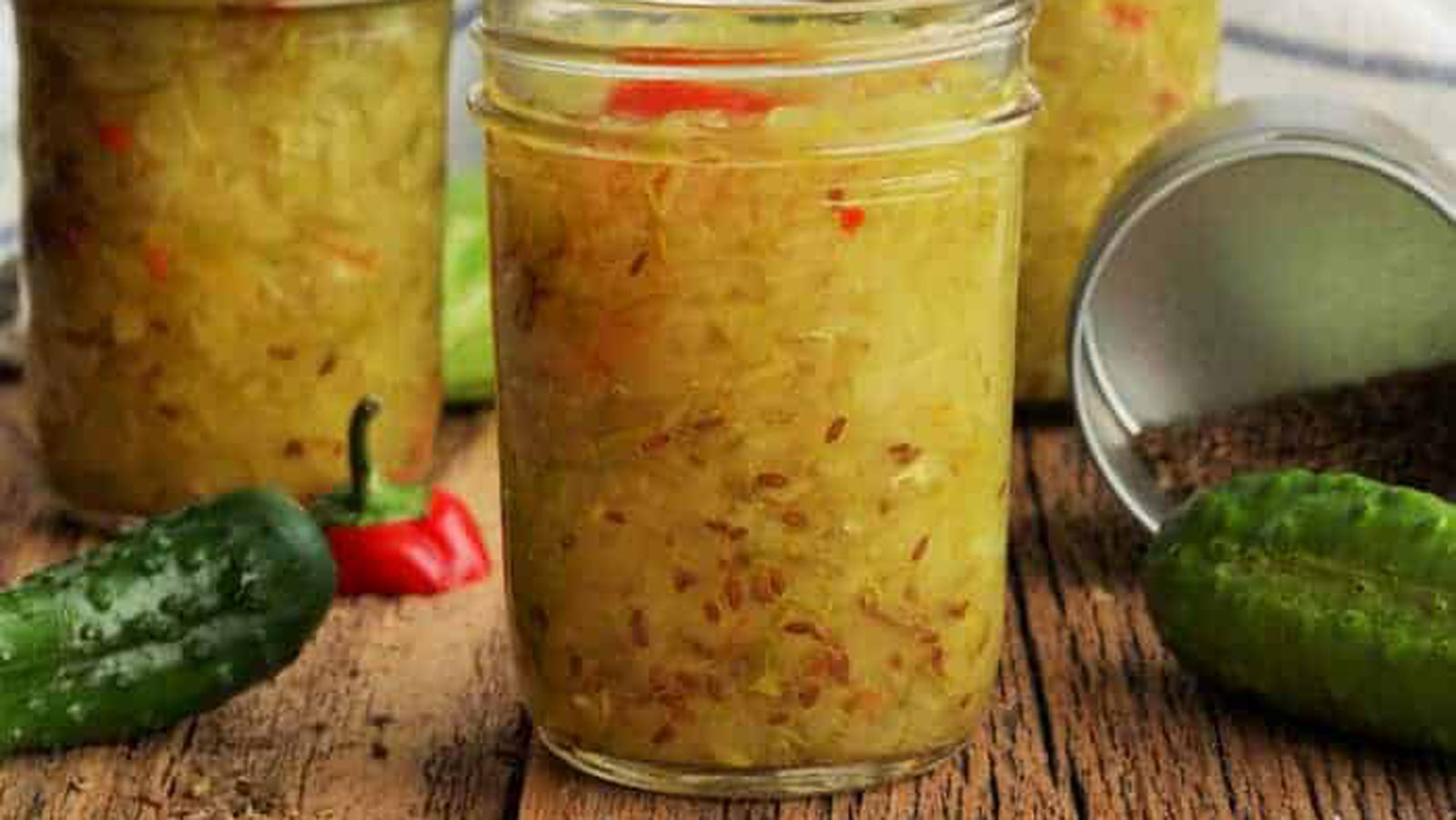 Dill pickle relish in jars.