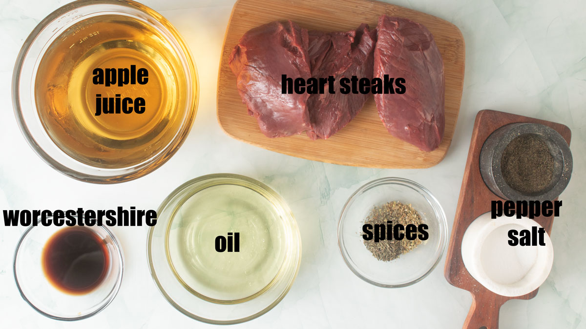 Ingredients for deer heart steaks. See details in recipe below.